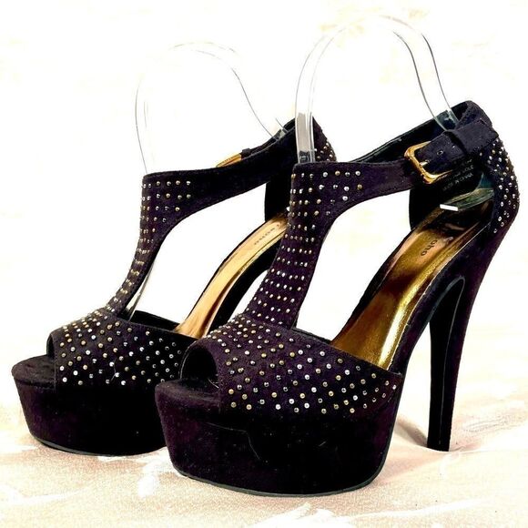 BLACK SUEDE ANKLE STRAP OPEN TOE 6” HEELS SIZE 8.5 - Picture 1 of 6